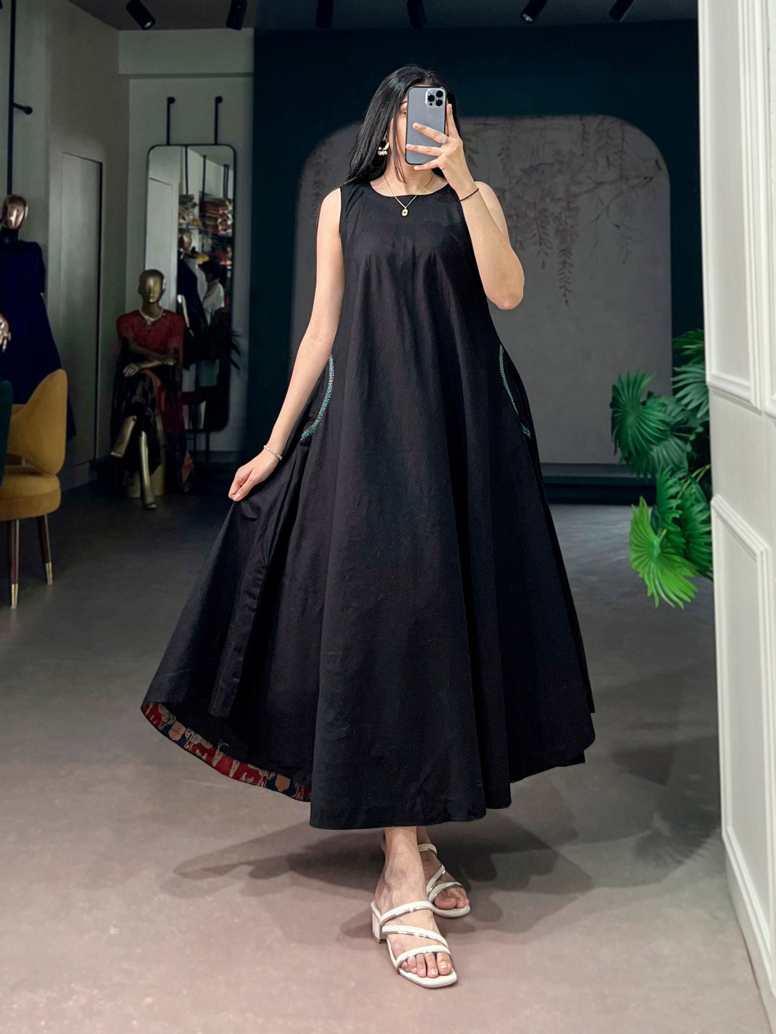 Black Khadi Cotton Flared Dress ClothsVilla