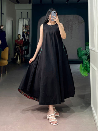 Black Khadi Cotton Flared Dress ClothsVilla