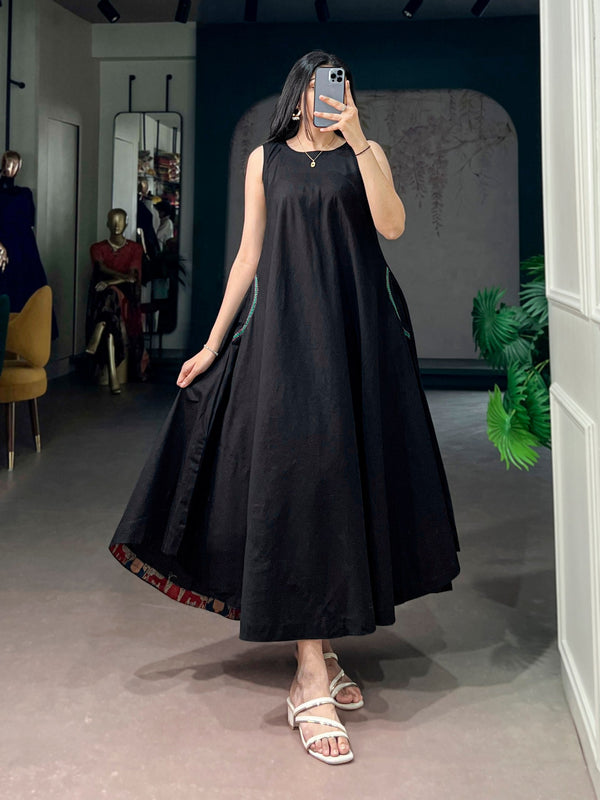 Black Khadi Cotton Flared Dress ClothsVilla