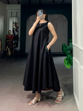Black Khadi Cotton Flared Dress ClothsVilla
