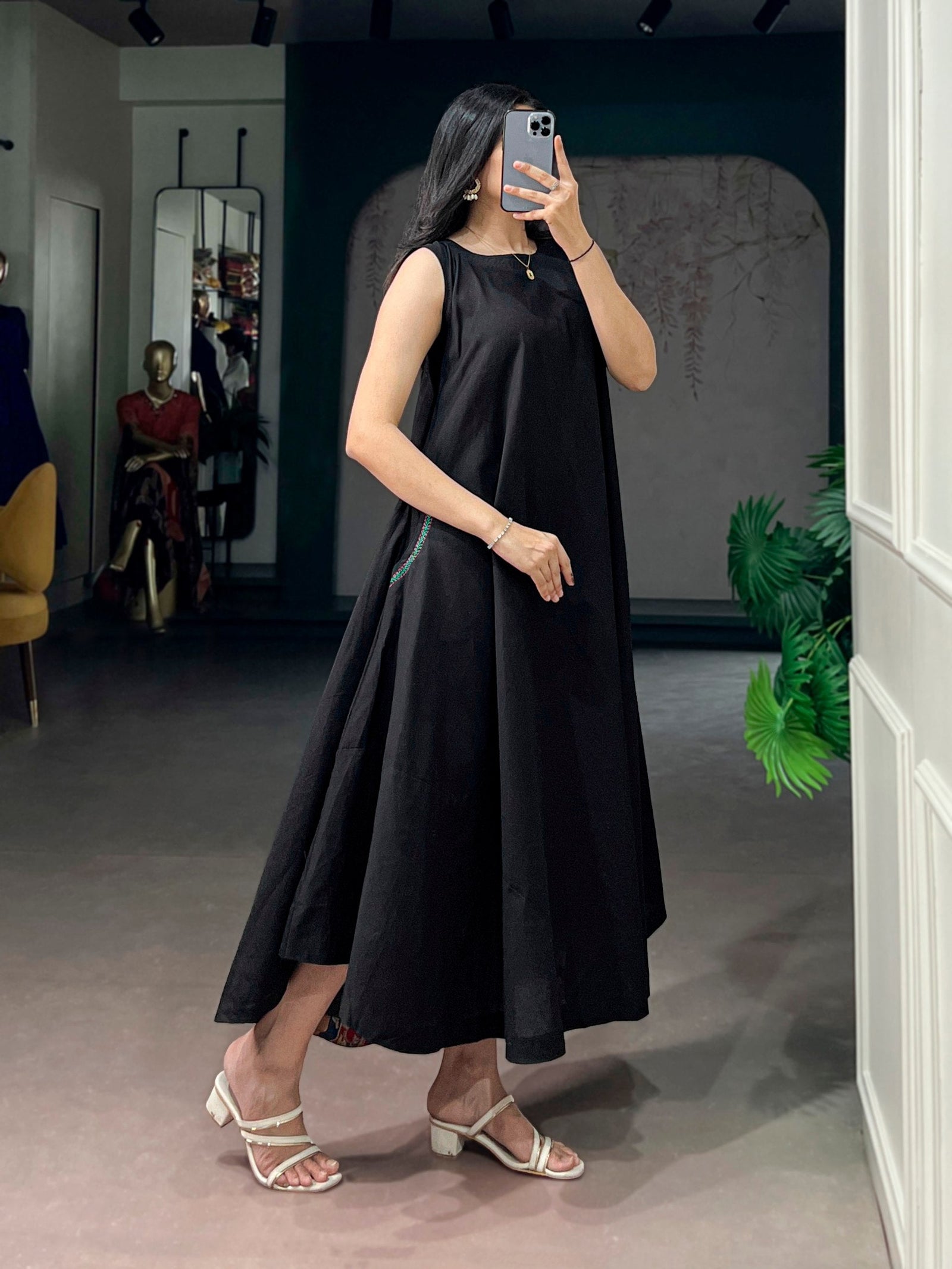 Black Khadi Cotton Flared Dress ClothsVilla
