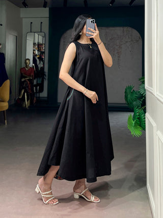 Black Khadi Cotton Flared Dress ClothsVilla