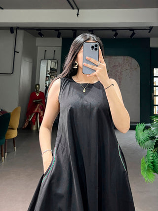 Black Khadi Cotton Flared Dress ClothsVilla