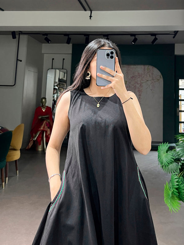 Black Khadi Cotton Flared Dress ClothsVilla