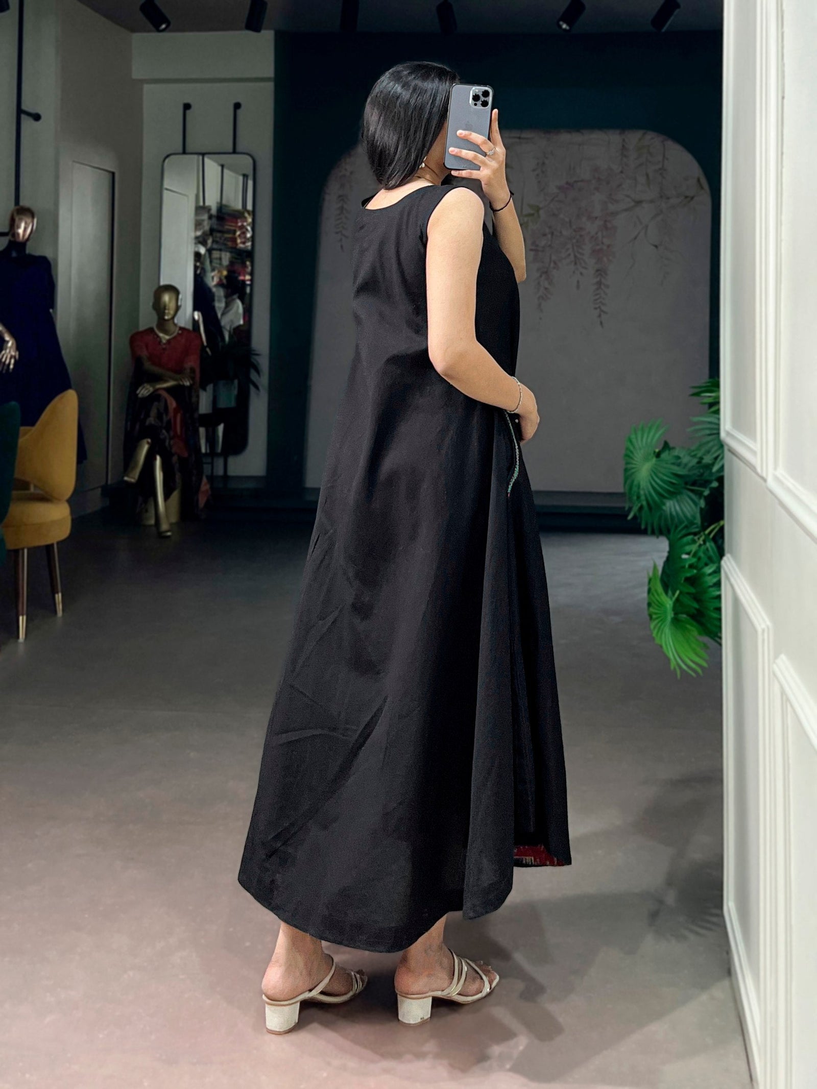 Black Khadi Cotton Flared Dress ClothsVilla