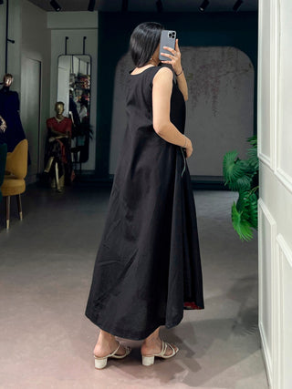 Black Khadi Cotton Flared Dress ClothsVilla