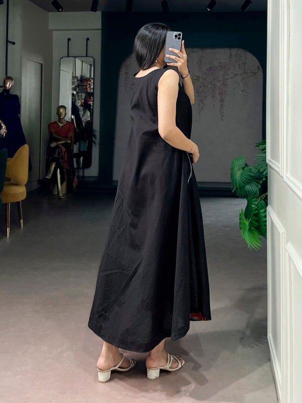 Black Khadi Cotton Flared Dress ClothsVilla