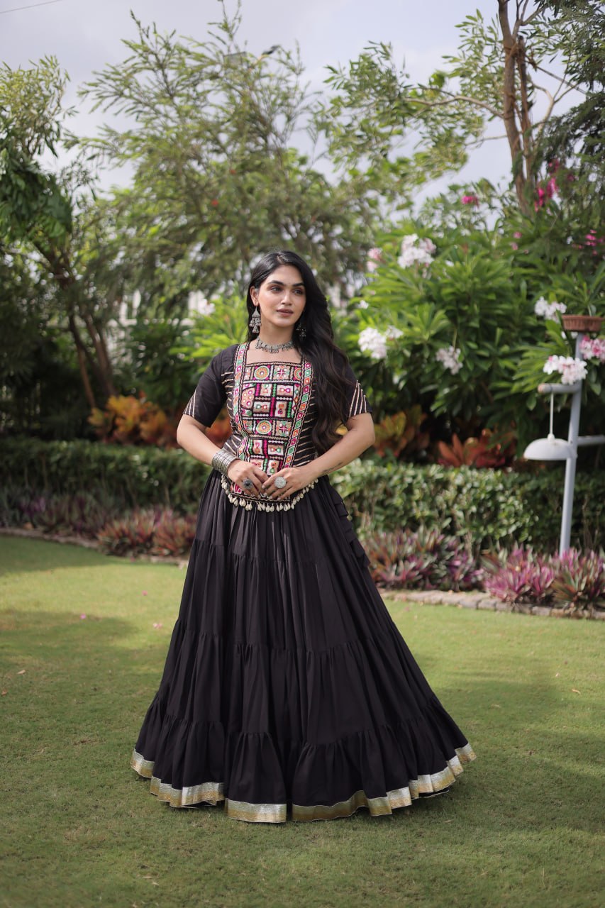 Black Kora Cotton Lehenga with Kutchi Work ClothsVilla