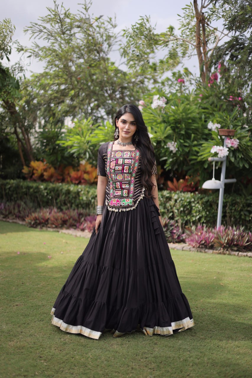 Black Kora Cotton Lehenga with Kutchi Work ClothsVilla