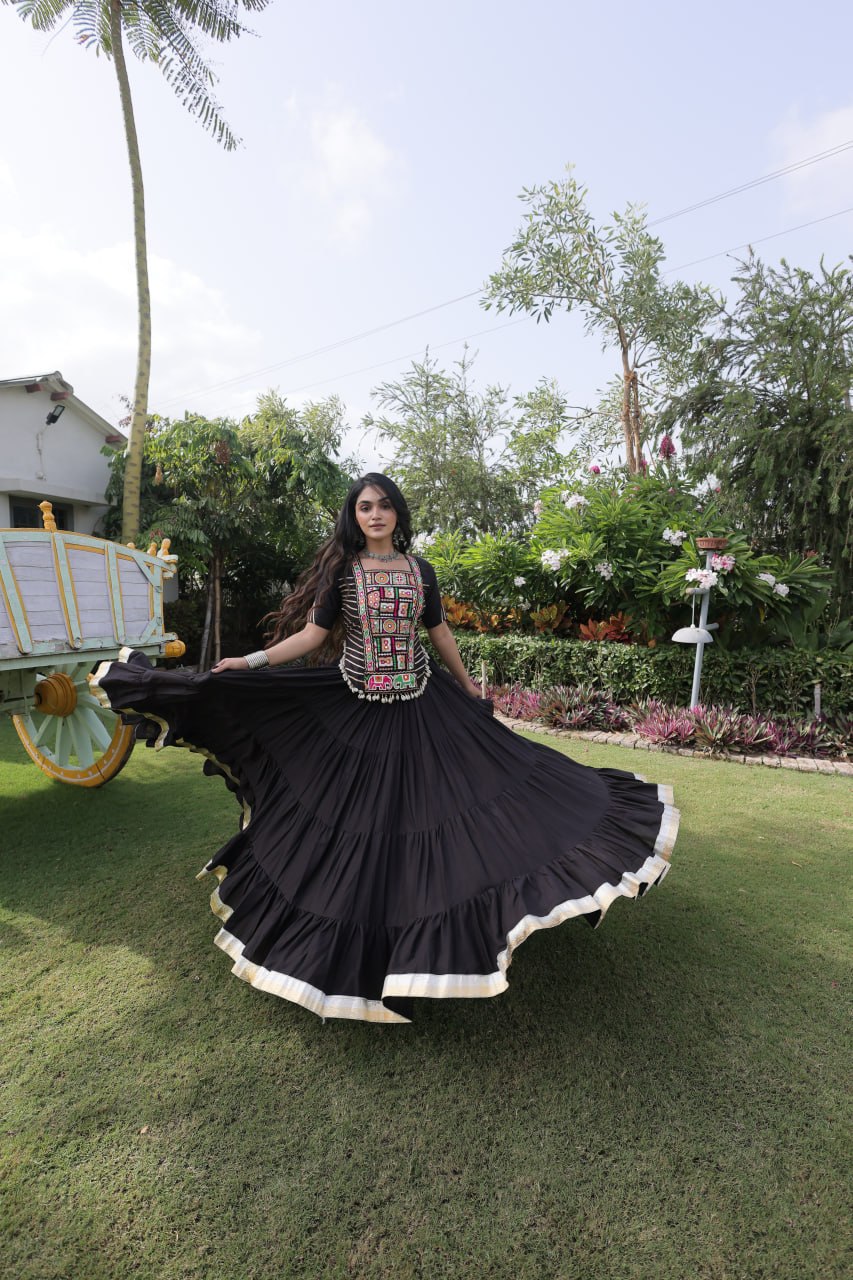 Black Kora Cotton Lehenga with Kutchi Work ClothsVilla