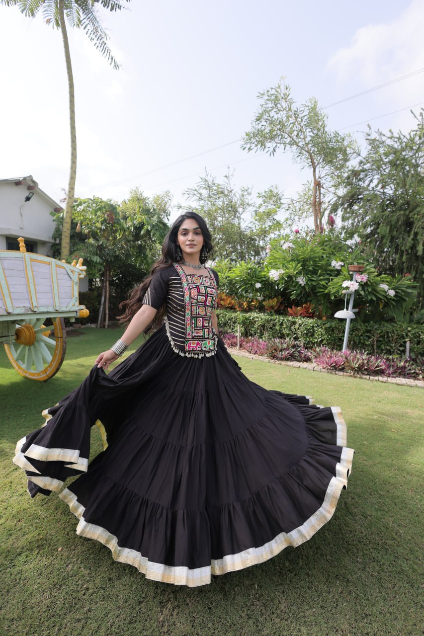 Black Kora Cotton Lehenga with Kutchi Work ClothsVilla