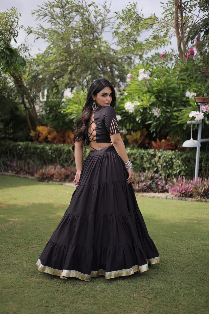 Black Kora Cotton Lehenga with Kutchi Work ClothsVilla