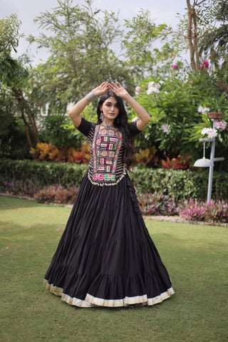 Black Kora Cotton Lehenga with Kutchi Work ClothsVilla
