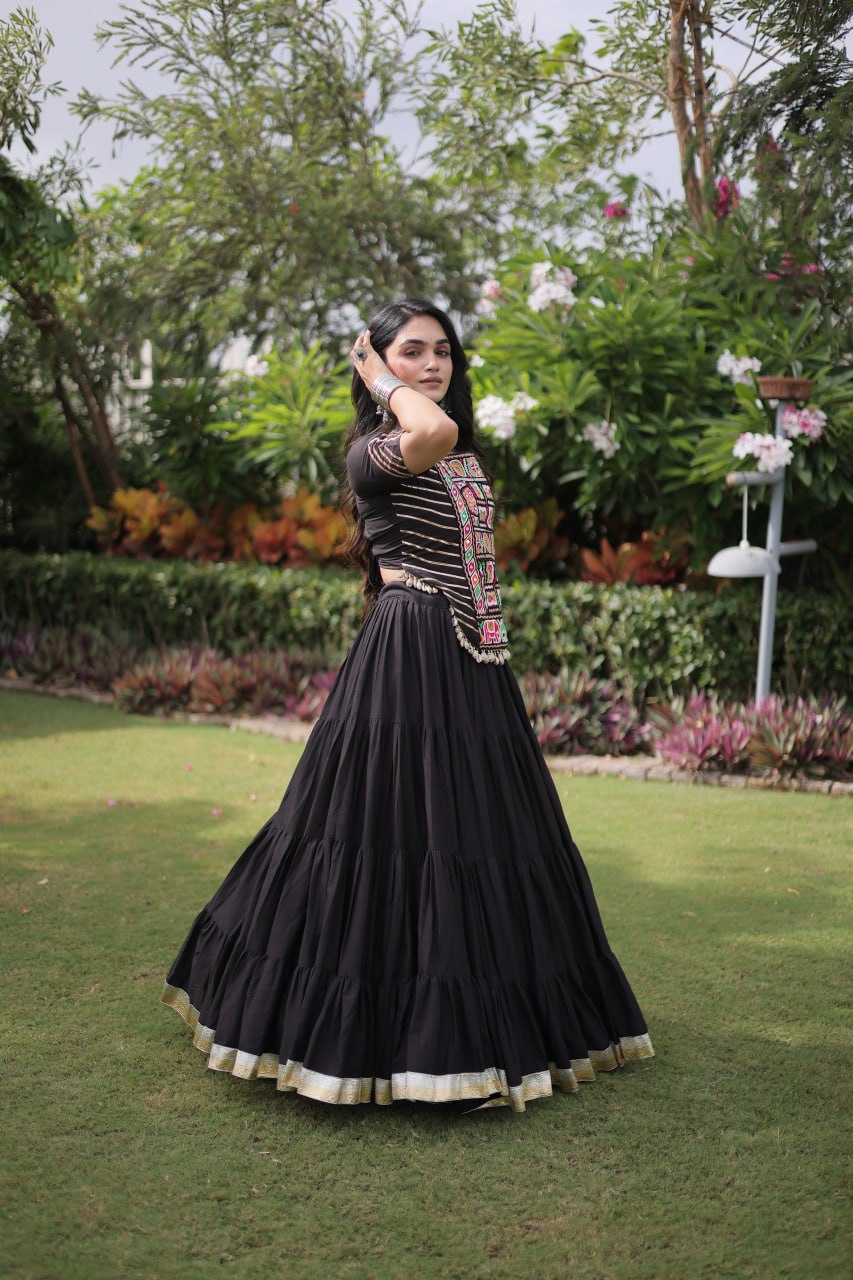 Black Kora Cotton Lehenga with Kutchi Work ClothsVilla