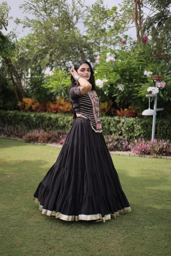 Black Kora Cotton Lehenga with Kutchi Work ClothsVilla