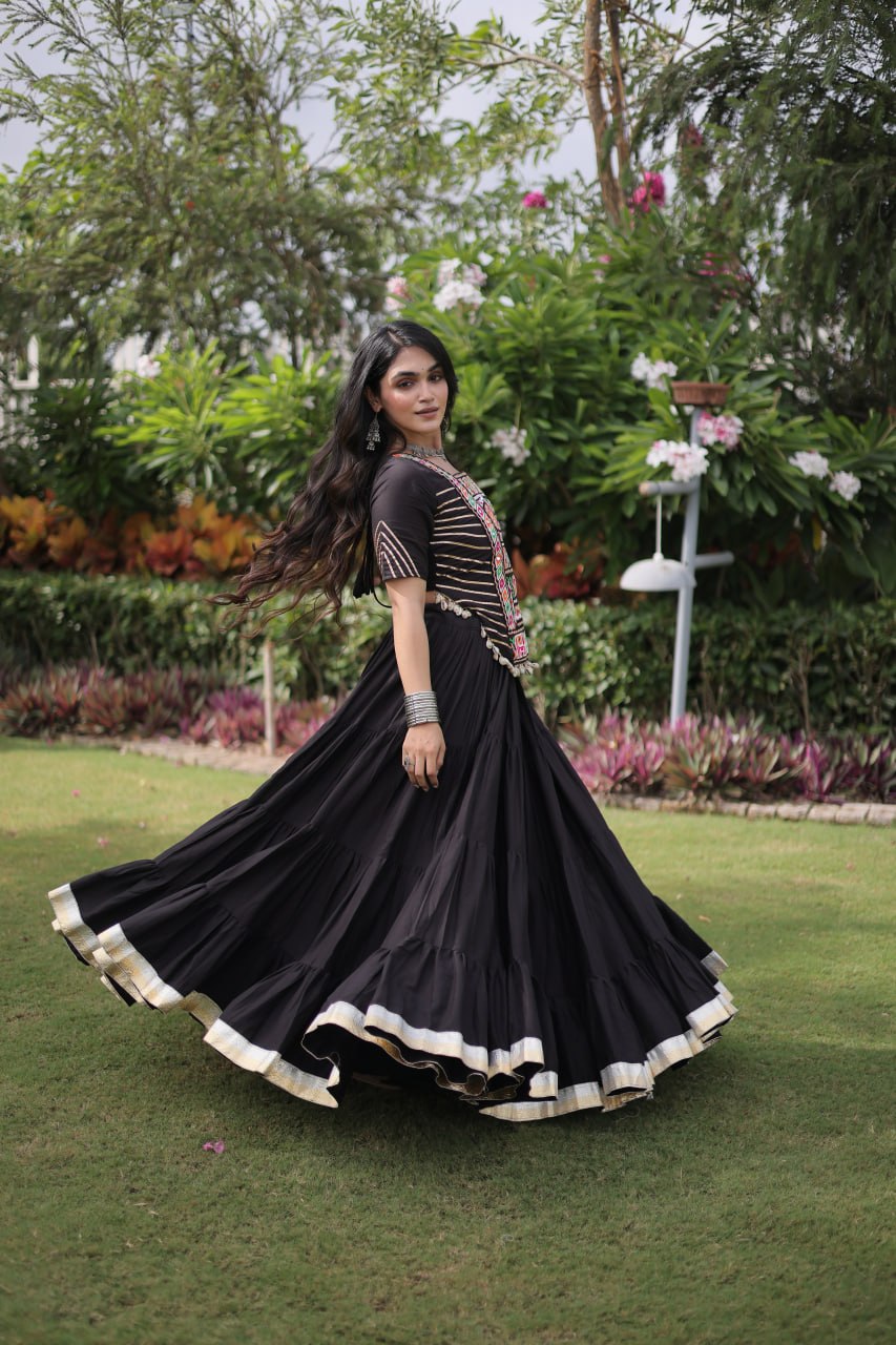 Black Kora Cotton Lehenga with Kutchi Work ClothsVilla