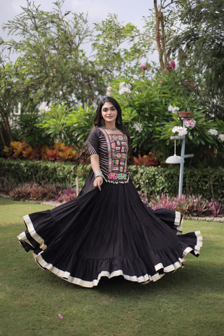 Black Kora Cotton Lehenga with Kutchi Work ClothsVilla