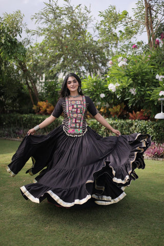 Black Kora Cotton Lehenga with Kutchi Work ClothsVilla