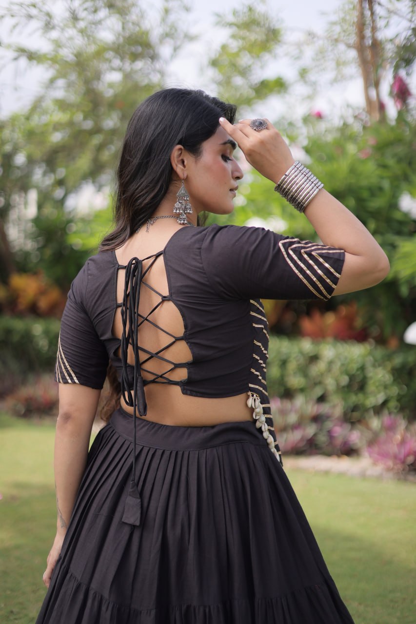 Black Kora Cotton Lehenga with Kutchi Work ClothsVilla