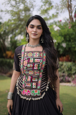 Black Kora Cotton Lehenga with Kutchi Work ClothsVilla