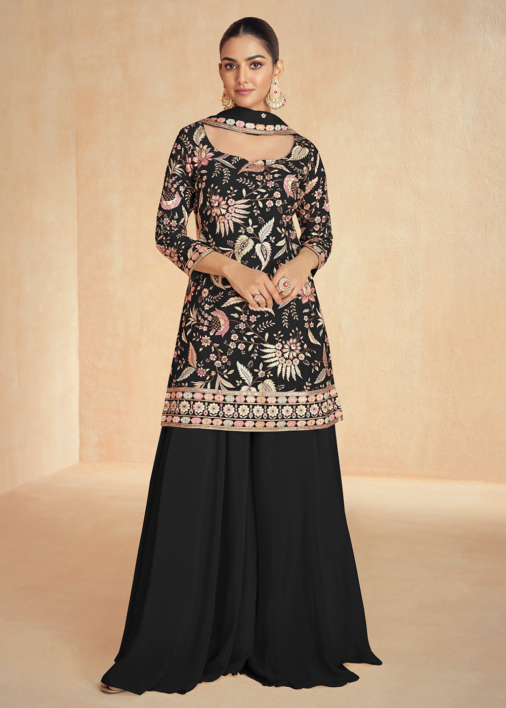 Black Kurta Palazzo Set with Dupatta ClothsVilla Main image