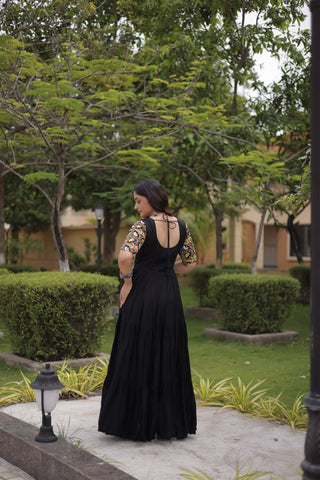 Black Kutchi Gamthi Embroidered Gown ClothsVilla