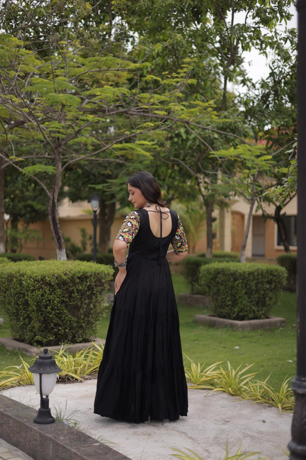 Black Kutchi Gamthi Embroidered Gown ClothsVilla