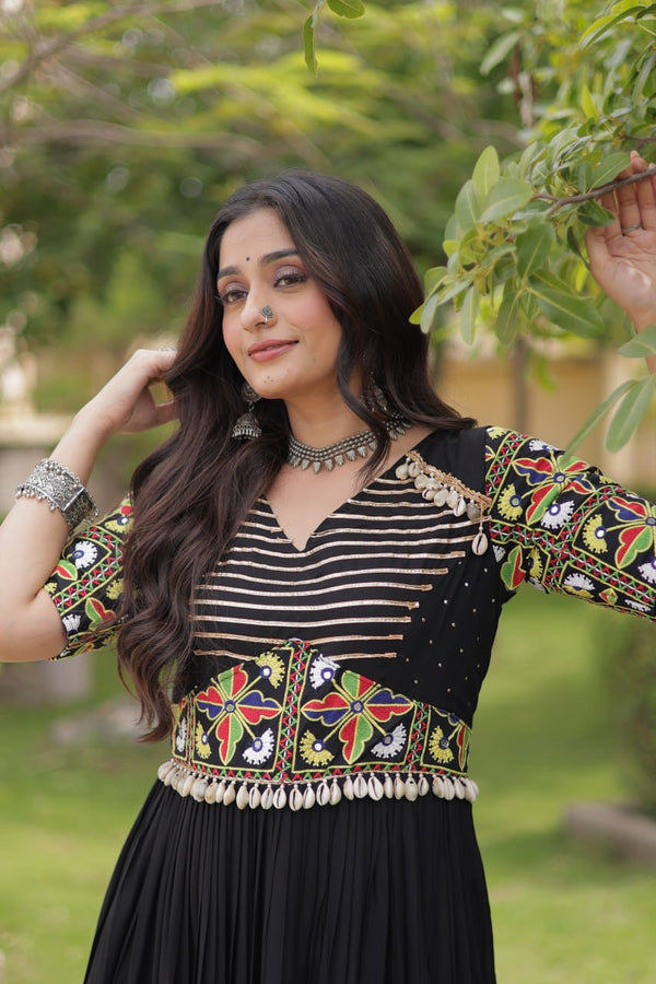 Black Kutchi Gamthi Embroidered Gown ClothsVilla