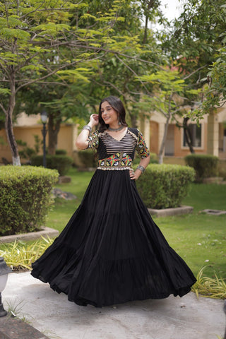 Black Kutchi Gamthi Embroidered Gown ClothsVilla