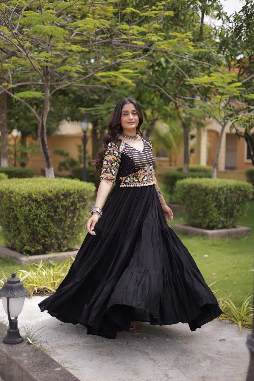 Black Kutchi Gamthi Embroidered Gown ClothsVilla