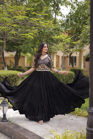 Black Kutchi Gamthi Embroidered Gown ClothsVilla