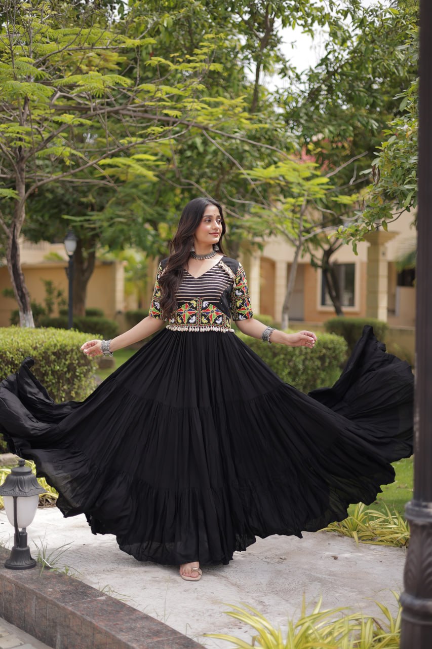Black Kutchi Gamthi Embroidered Gown ClothsVilla