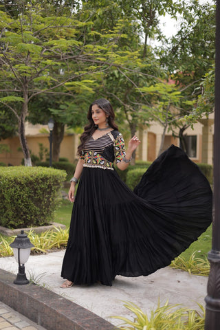Black Kutchi Gamthi Embroidered Gown ClothsVilla