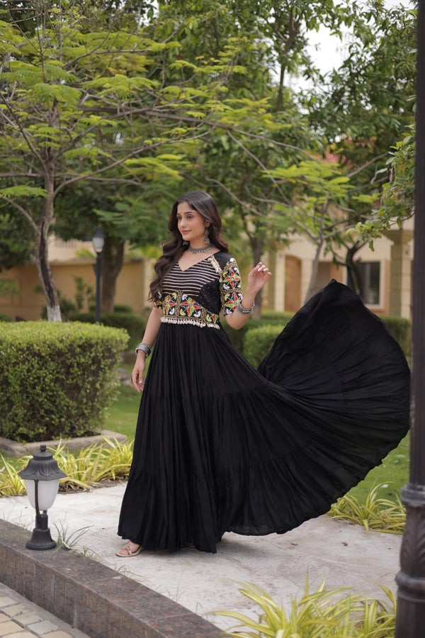 Black Kutchi Gamthi Embroidered Gown ClothsVilla