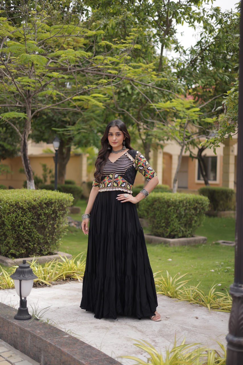 Black Kutchi Gamthi Embroidered Gown ClothsVilla