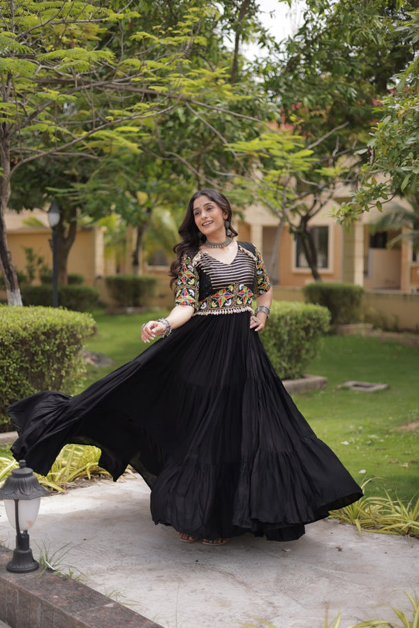 Black Kutchi Gamthi Embroidered Gown ClothsVilla