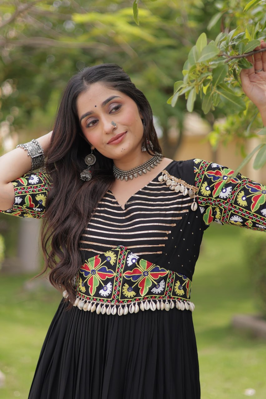 Black Kutchi Gamthi Embroidered Gown ClothsVilla