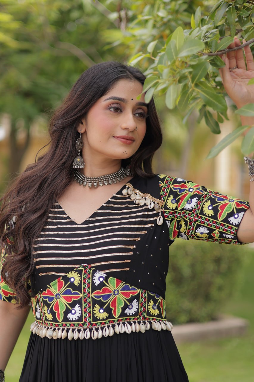 Black Kutchi Gamthi Embroidered Gown ClothsVilla