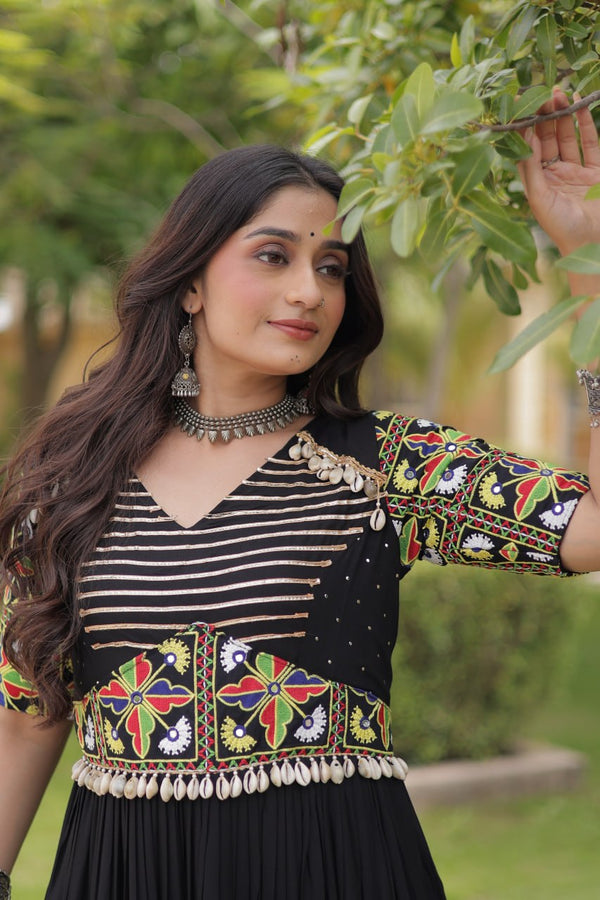 Black Kutchi Gamthi Embroidered Gown ClothsVilla