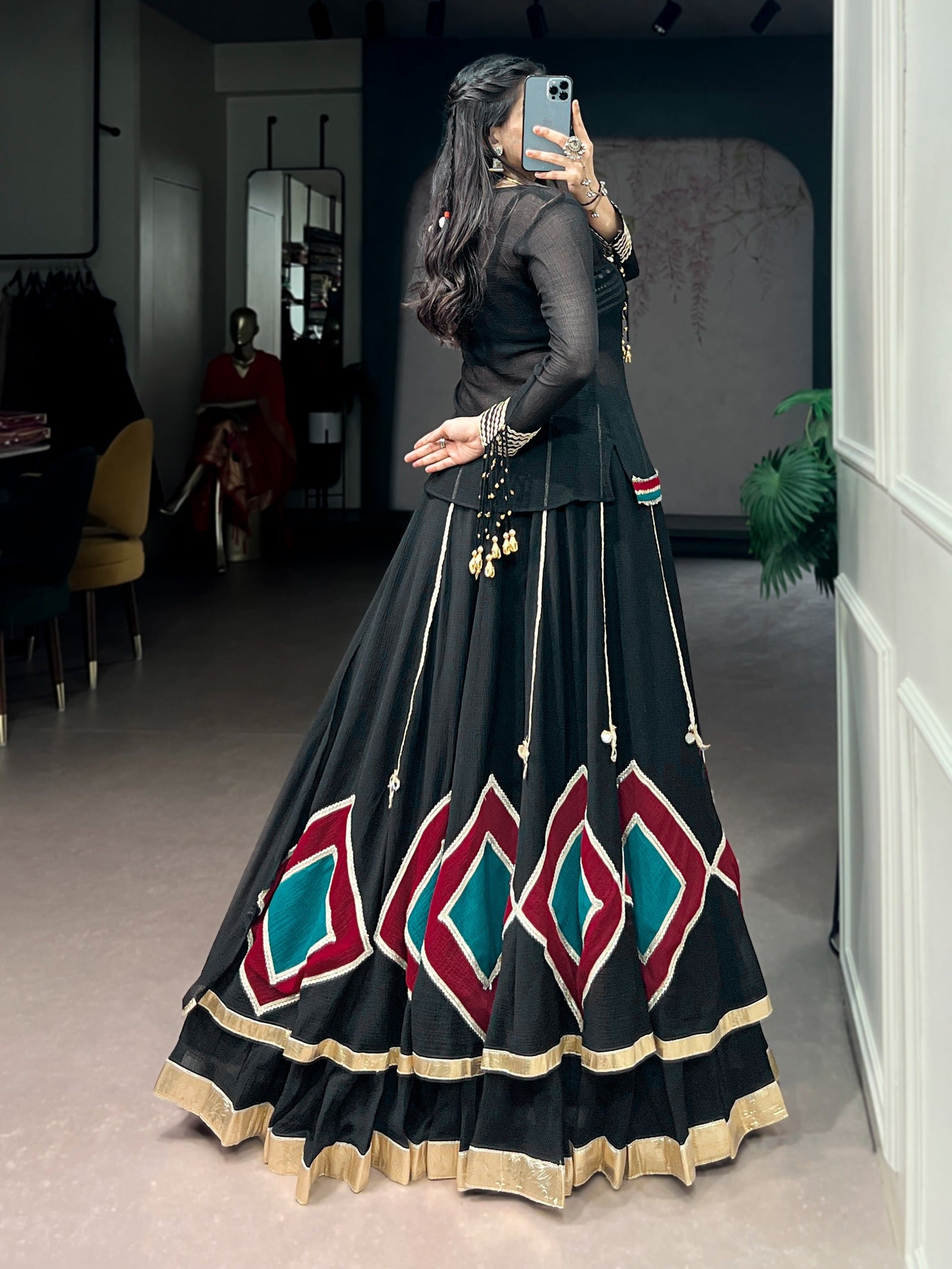 Black Lehenga with Sheer Tunic & Cowrie Detailing ClothsVilla