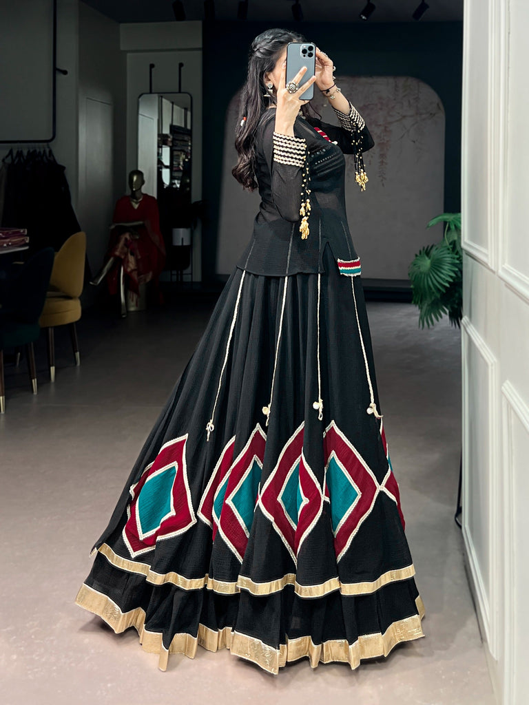 Black Lehenga with Sheer Tunic & Cowrie Detailing ClothsVilla
