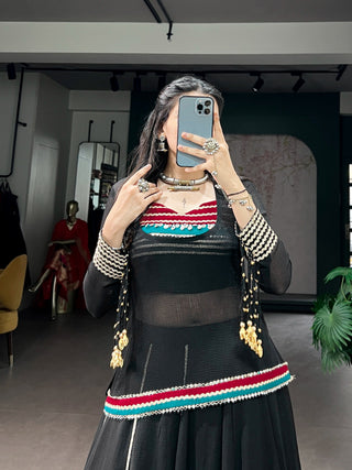 Black Lehenga with Sheer Tunic & Cowrie Detailing ClothsVilla