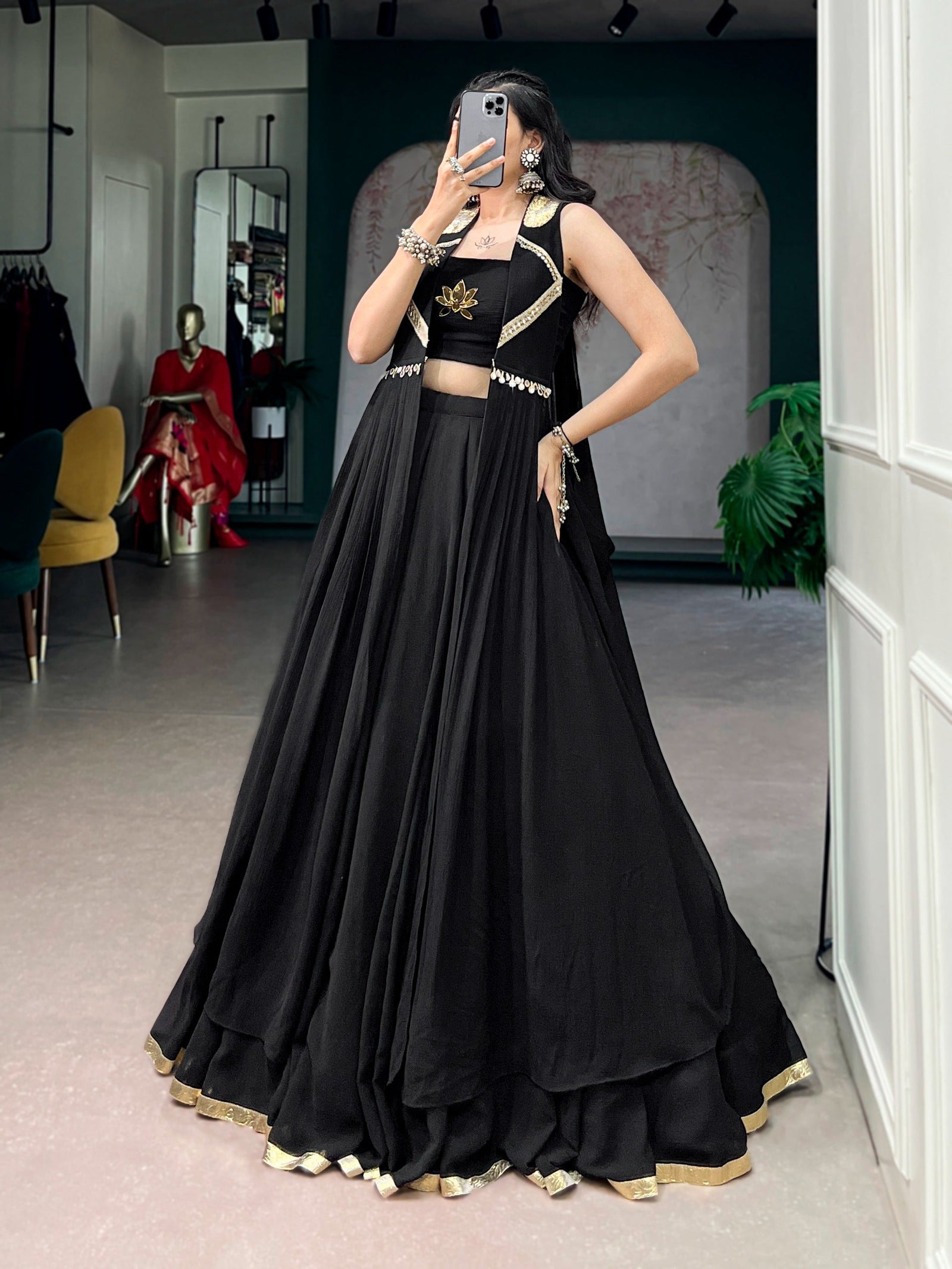 Black Lotus Handwork Lehenga Set with Long Jacket ClothsVilla