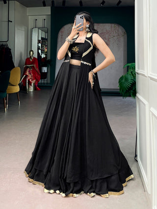 Black Lotus Handwork Lehenga Set with Long Jacket ClothsVilla