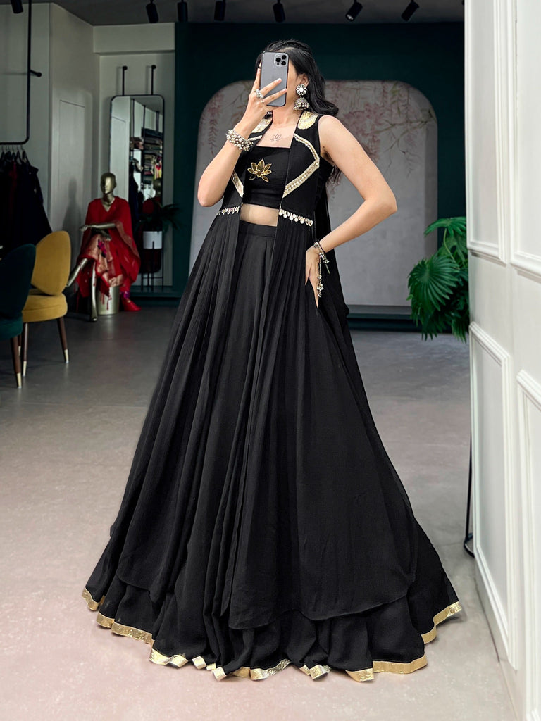 Black Lotus Handwork Lehenga Set with Long Jacket ClothsVilla