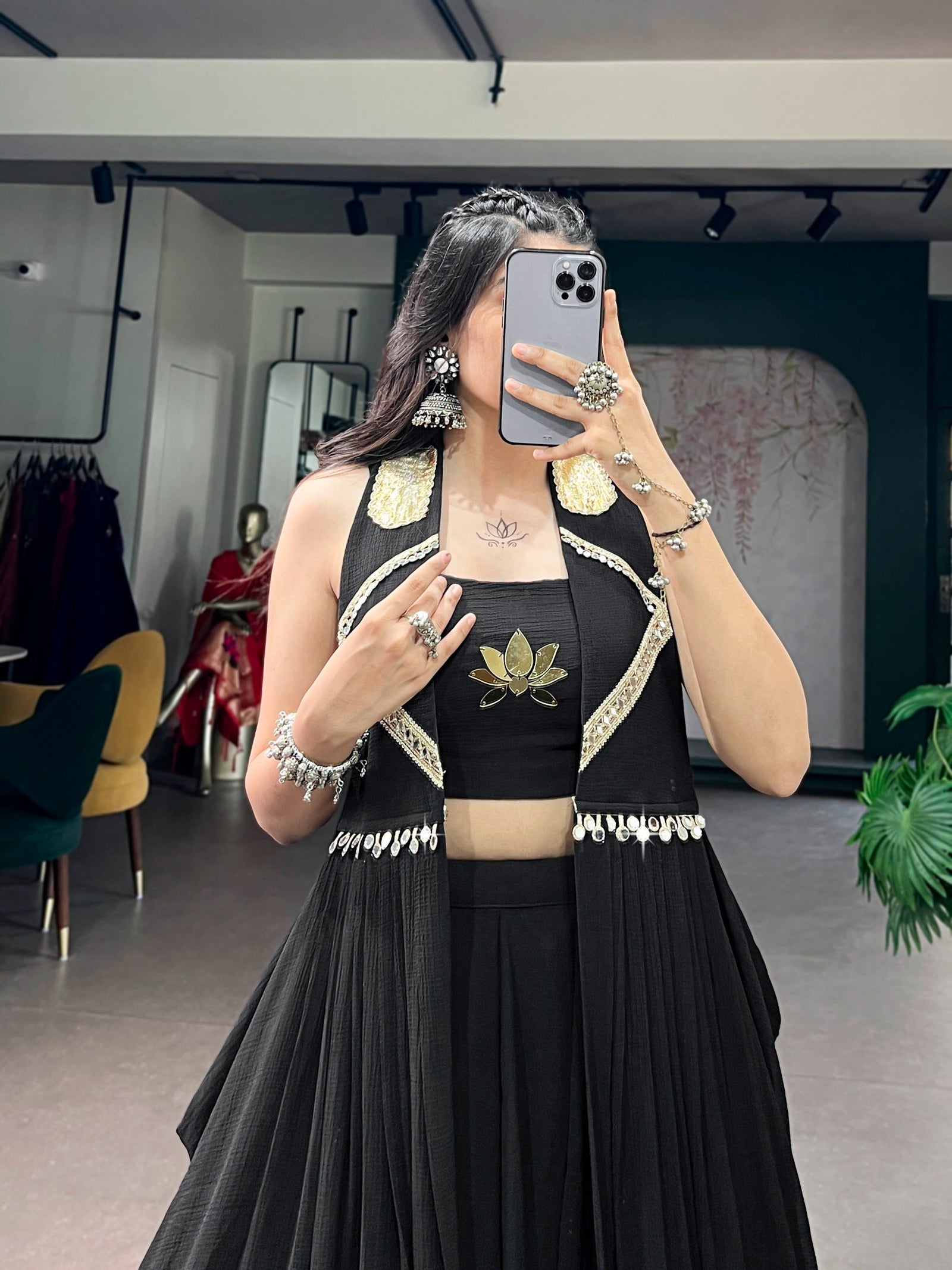 Black Lotus Handwork Lehenga Set with Long Jacket ClothsVilla