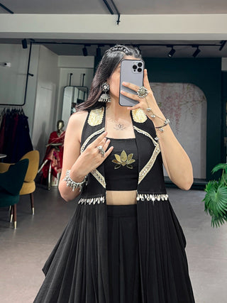 Black Lotus Handwork Lehenga Set with Long Jacket ClothsVilla