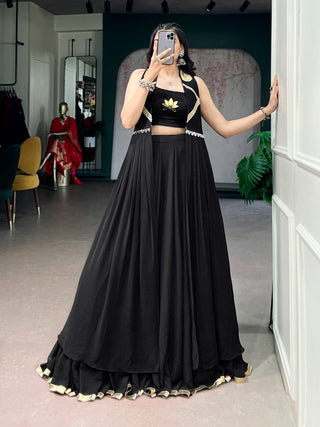 Black Lotus Handwork Lehenga Set with Long Jacket ClothsVilla