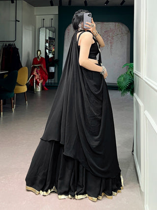 Black Lotus Handwork Lehenga Set with Long Jacket ClothsVilla