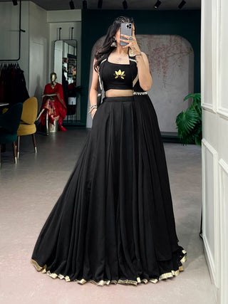 Black Lotus Handwork Lehenga Set with Long Jacket ClothsVilla